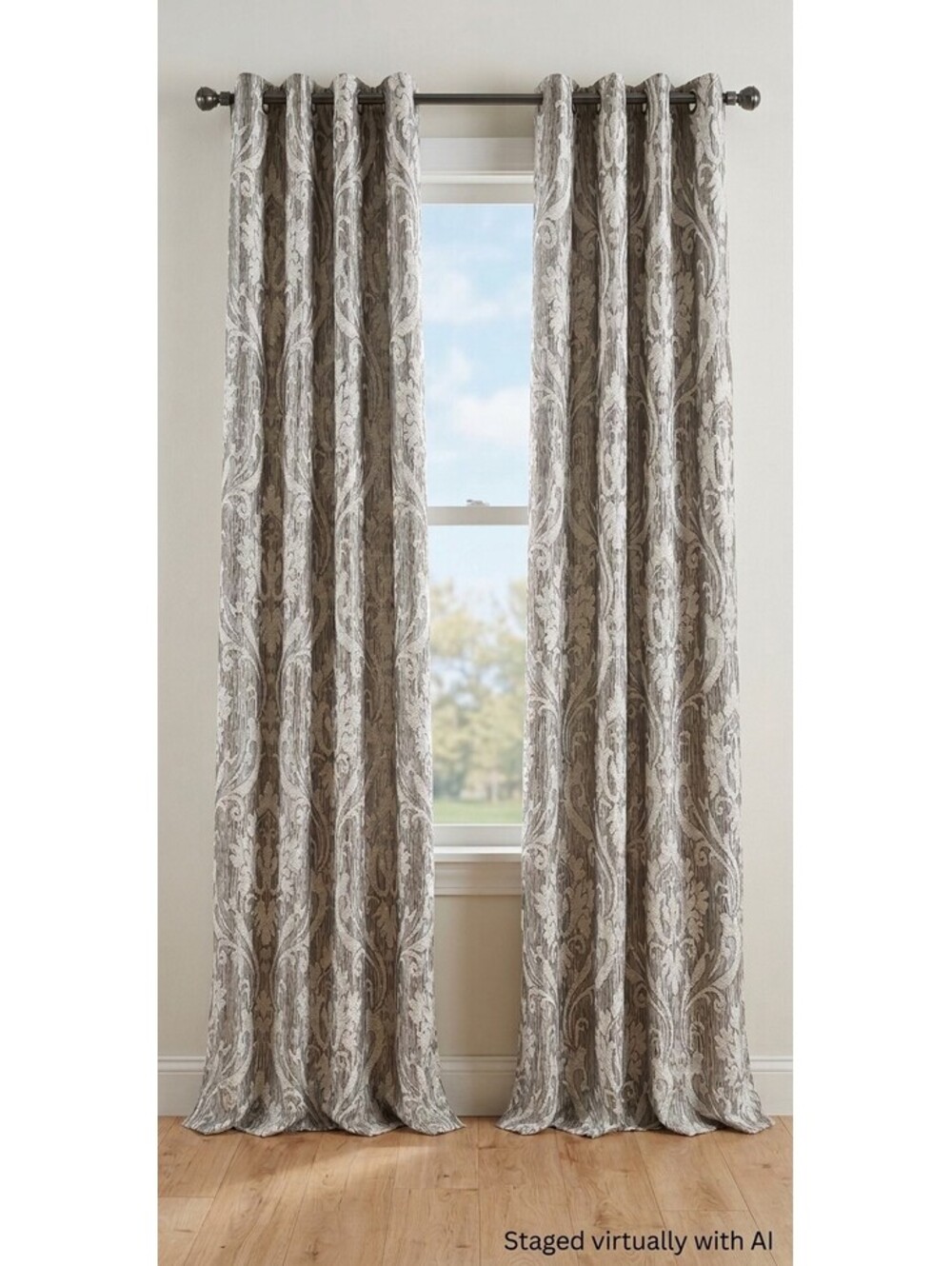 Dainty Homes 84x33 Curtain Panels Set Grommet Rings Grey White Jacquard Damask
